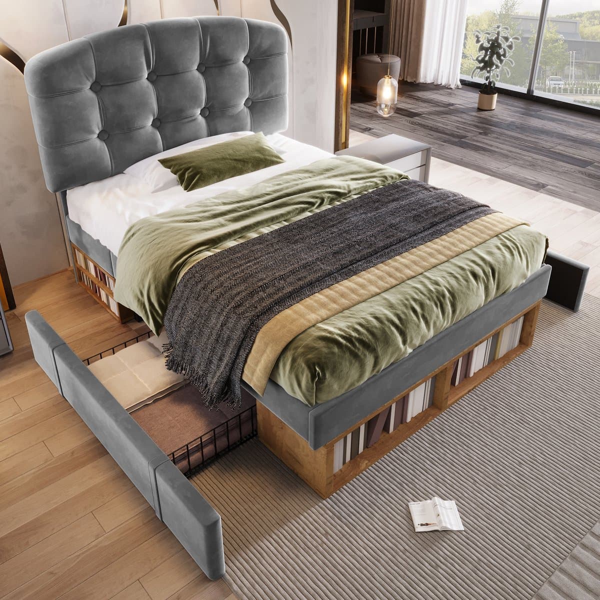MODFU Eenpersoonsbed 90x200 cm – Verstelbaar hoofdbord & opberglades – Klassiek design – Fluweel – Grijs