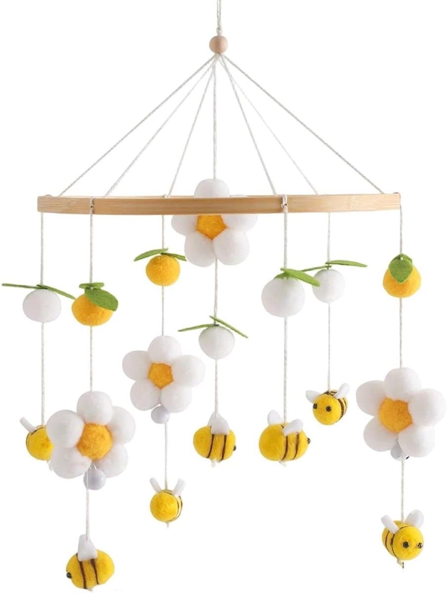 Wiegmobiel Hout - Baby Mobiel - Babykamer Decoratie - Handgeknoopte Knopen - 41x23cm - Geel