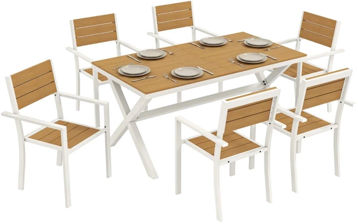 Tuinset - 7-delige Zitgroep - met 1 Tuintafel & 6 Stapelbare Stoelen - Tuinmeubelset voor 6 Personen - Tuintafelset - Tuin Eetset - Diningset - Zitset - voor Terras, Balkon, Tuin - Houtlook - Teak