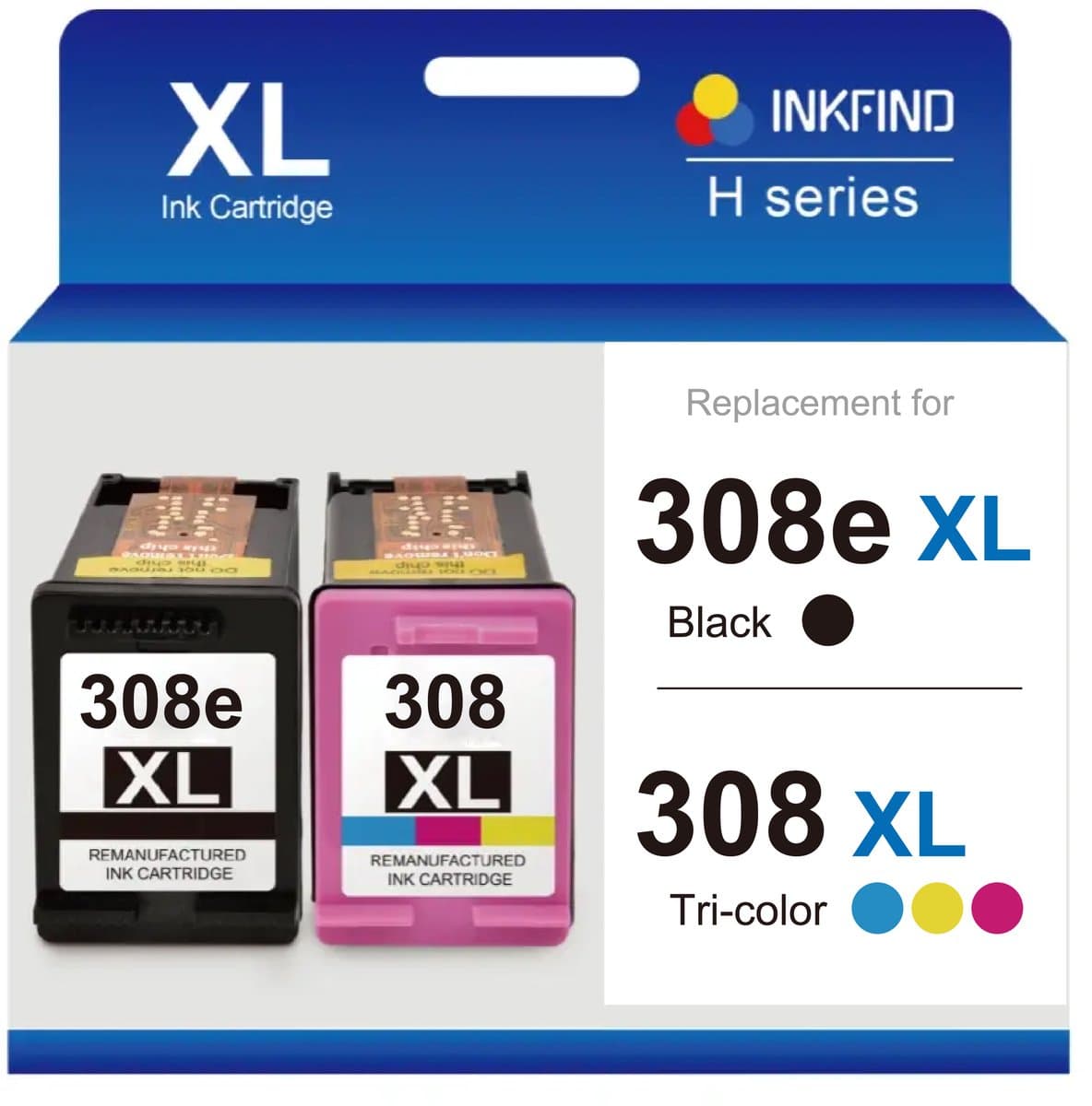 INKFIND 308e XL Huismerk inktcartridges (extra hoge capaciteit 560 pagina's + 180 pagina's met 5% dekking) Geschikt voor HP 308 HP308 HP308e HP 308e 6L6S6UE 7FP22UE 7FP21UE 7FP20UE 2-pack (Zwart x 1 en Kleur x 1)