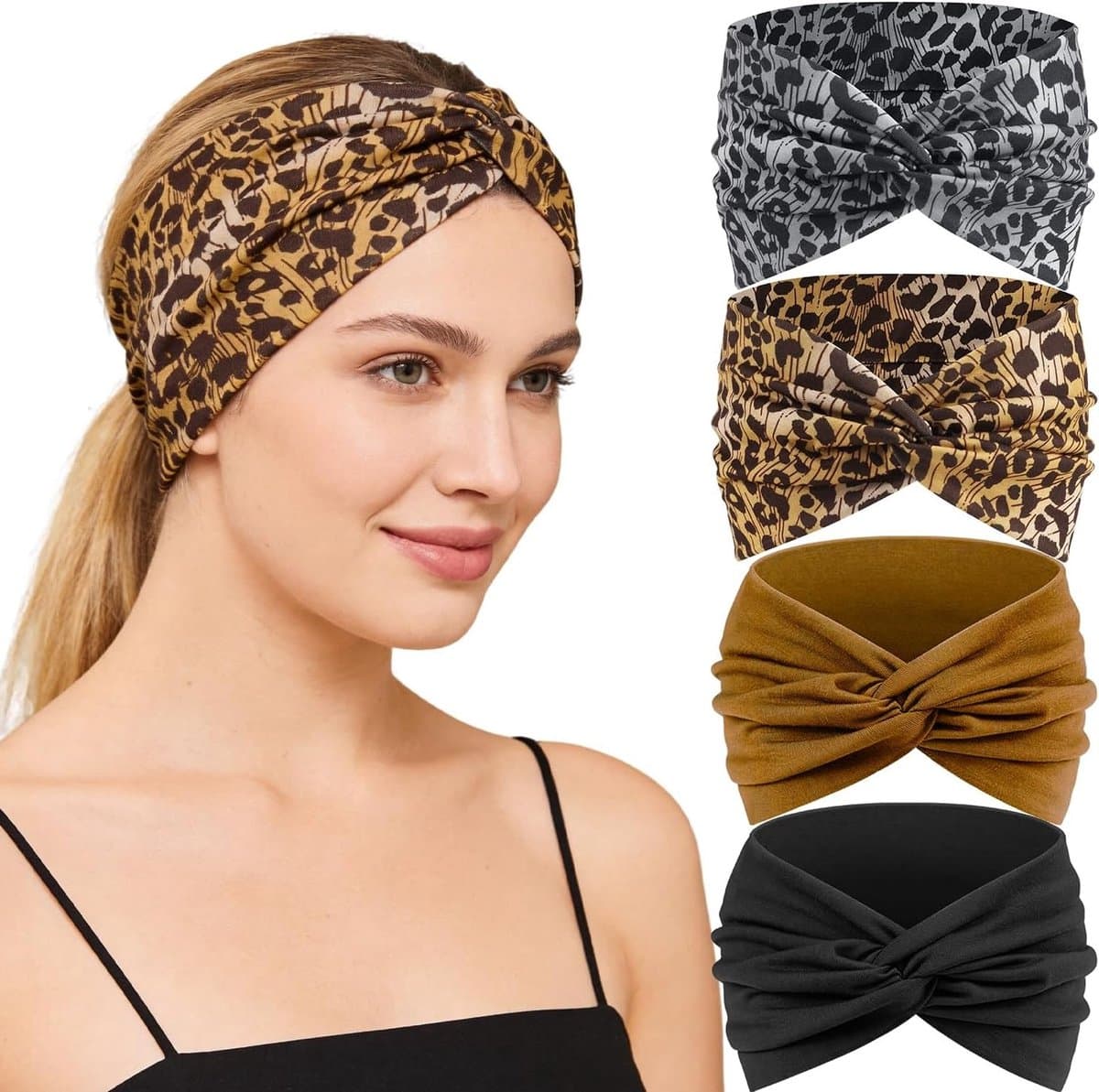 Geknoopte Haarbandanas voor Vrouwen - Zachte Stretchy Headbands in Zwart, Bruin en Leopard Print voor Festivals en Strandactiviteiten