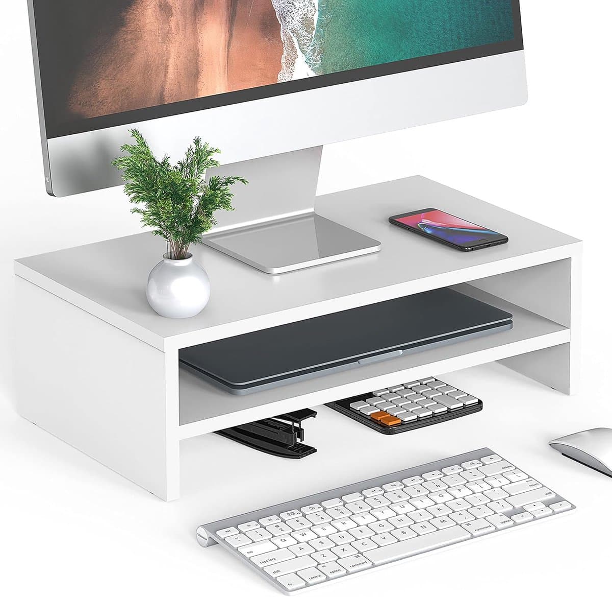 Monitor Verhoger - Bureau Organizer - Ergonomisch Werken - Twee Lagen - 42.5 cm Lengte - Wit