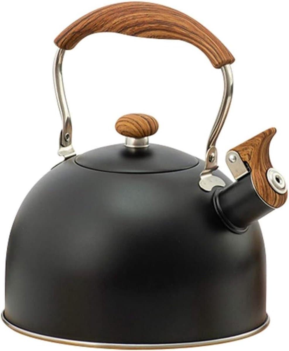 Fluitketel Theepot - Waterkoker Keuken - Snel Water Koken - Houten Handvat - 22.5 cm Hoog - Zwart