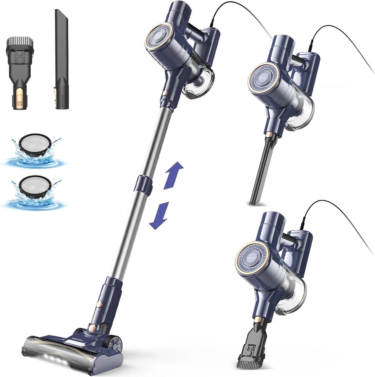 Yisora - Steelstofzuiger met snoer - Steelstofzuigers - 6 in 1 Stofzuiger zonder zak - Handstofzuiger met steel - 3 verschillende opzetstukken - 600W - Grijs - 23Kpa- ultra licht