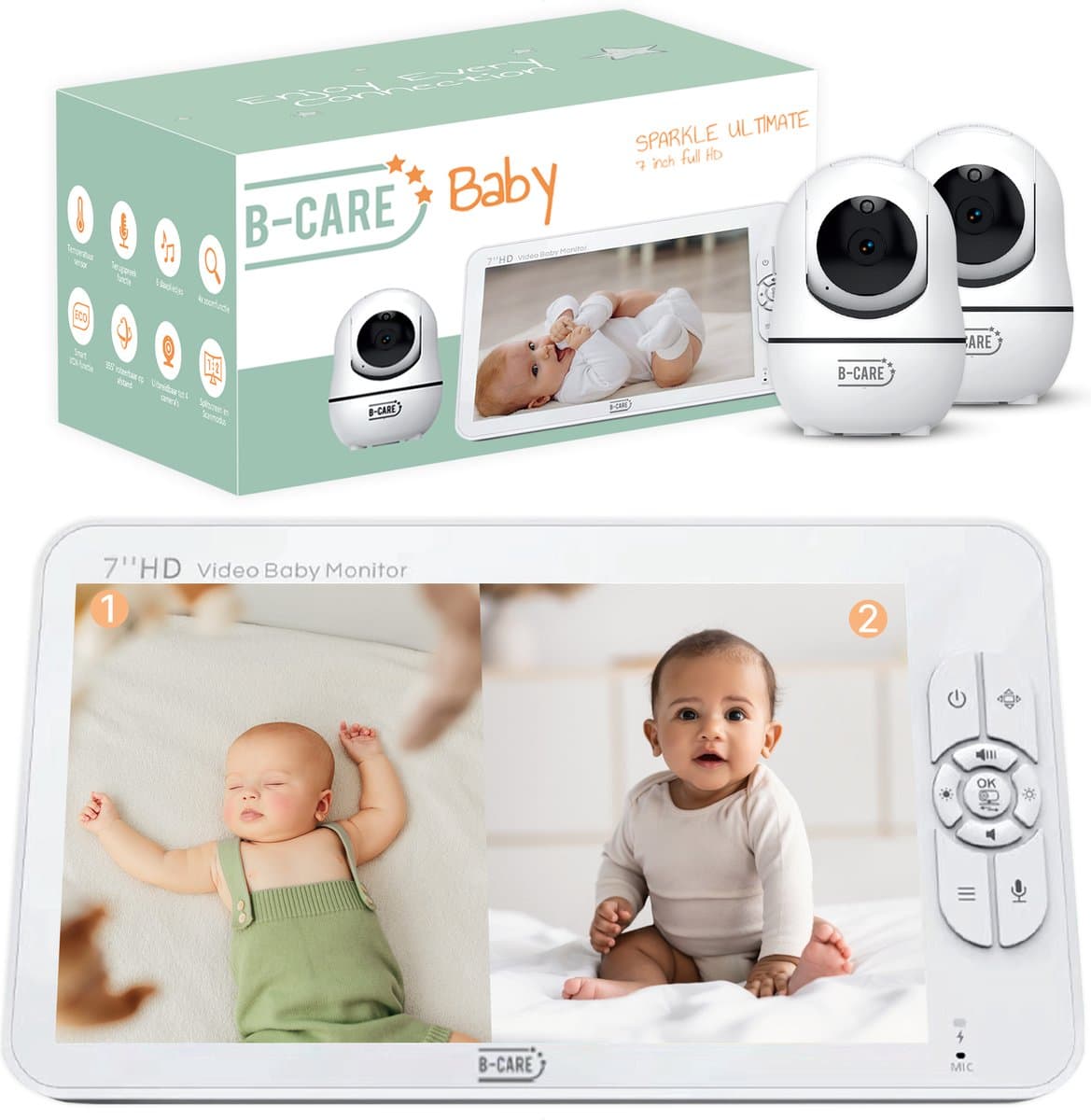 B-Care Sparkle Ultimate - Babyfoon Met 2 Camera´s - 7.0 Inch HD Baby Monitor - Split Screen - Zonder Wifi en App