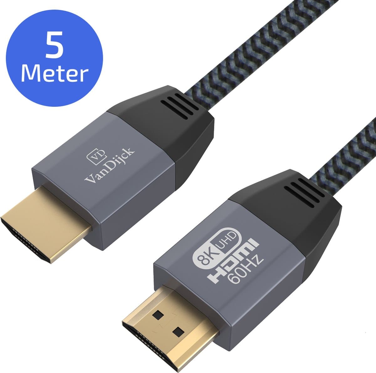 VanDijck Premium HDMI kabel 2.1 - 5 meter - 4K 120Hz - 8K 60Hz - Titaniumgrijs