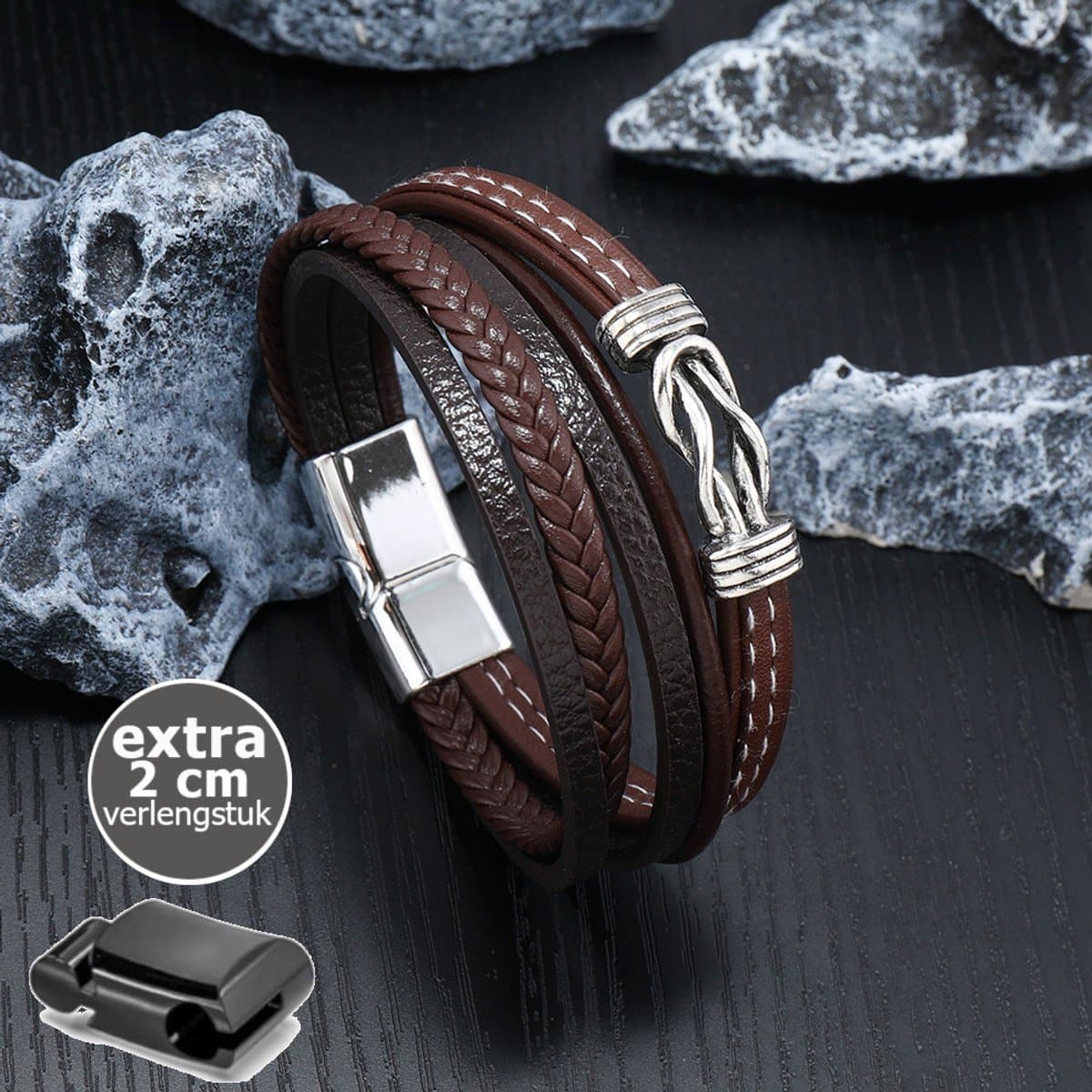 KHRONOX® Armband, Armband Heren, kh08 23 cm BRUIN, Natuurstenen, Armbanden, Leren Armband Heren, Leren Armband, Leren Armbanden, Armbandje, Kunstleer, Mannen, Magnetische Sluiting, + 2 CM Verlengstuk, Verjaardag, Vaderdag, Valentijnsdag, Cadeautje