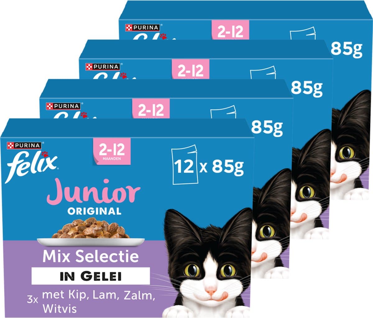 Felix Original Junior Mix Selectie in Gelei - Kattenvoer Natvoer - Kip Lam Zalm en Witvis - 48 x 85 g