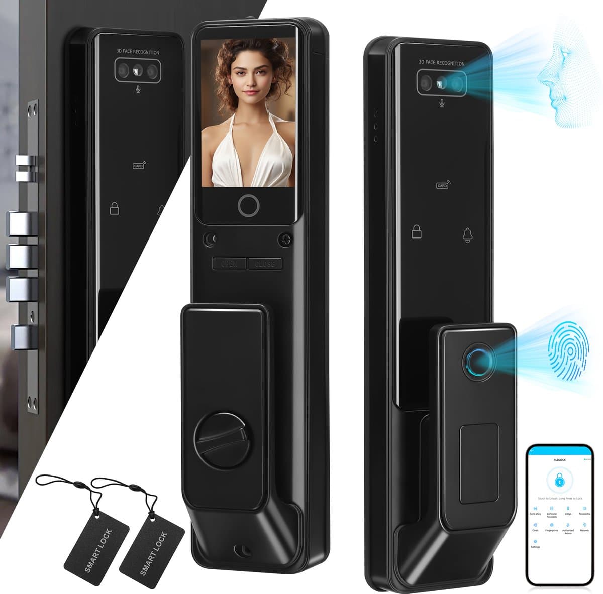 TUIA Smart Deurslot met Gezichtsherkenning & Vingerafdruk – Sleutelloos Toegangssysteem – Palmscan, App & Code – Binnendeurslot met Camera – Voor Moderne Woningen – Zwart