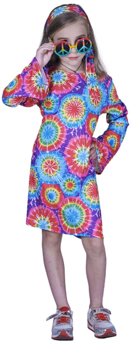 Kostuum Meisjes Hippie – 10-12 Jaar – Inclusief Jurk en Hoofdband – Carnaval & Verkleedkleding