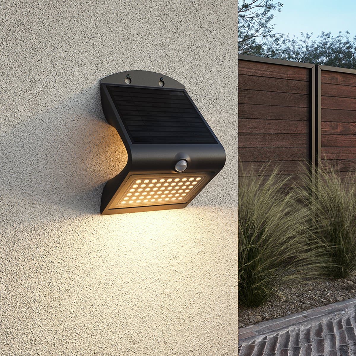 Rhodes Solar Wandlamp Up & Down - met Bewegingssensor - 4W - 3000K Warm wit - 2 lichtstanden - IP65 waterdicht - Wandlamp Schutting - Zwart