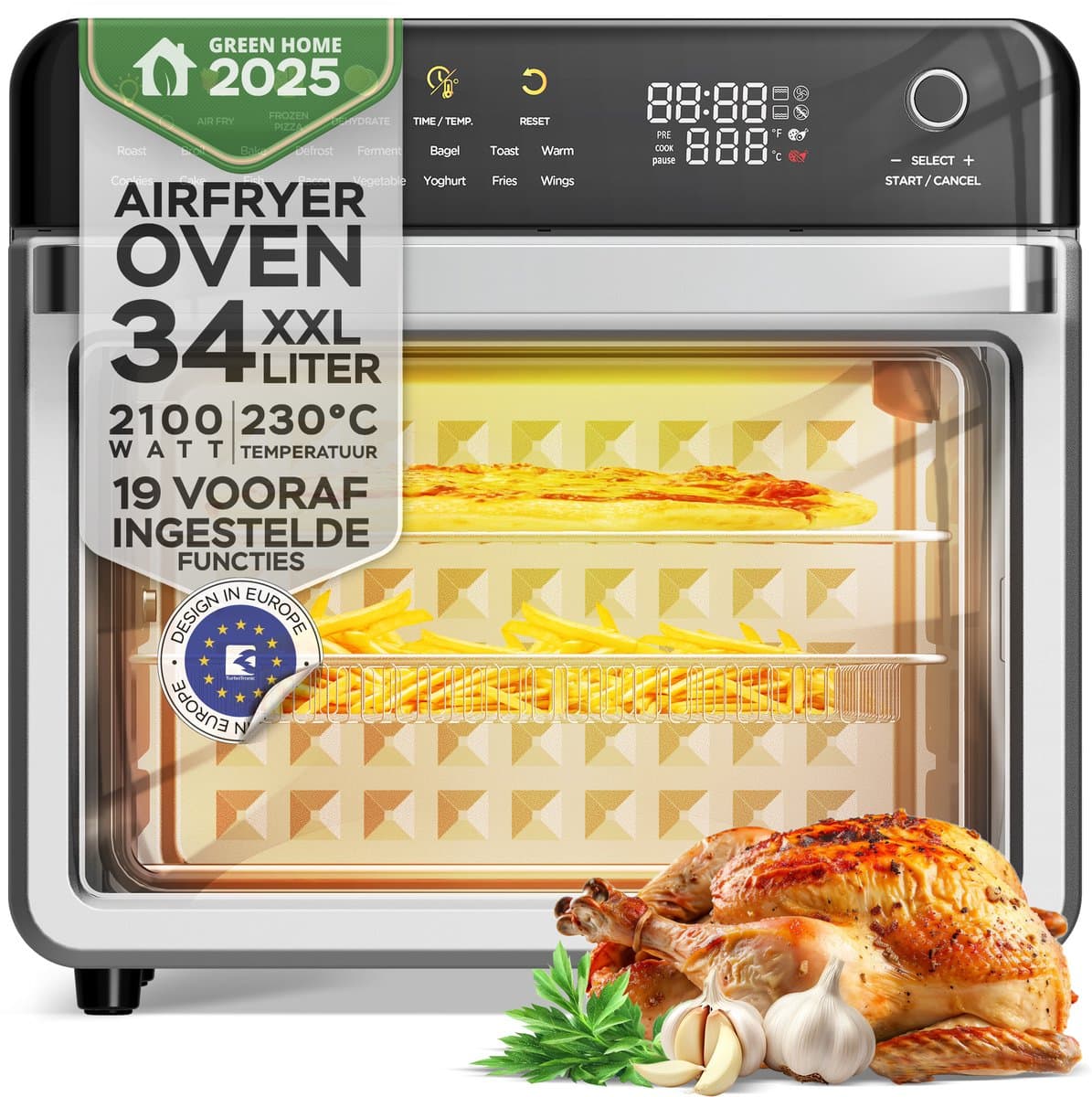 TurboTronic AFO330 AirChef Pro – Airfryer Oven – 34L – 19 Programma’s – 40°C tot 230°C – Heteluchtoven – 2100W – RVS – Multi Smart Oven - Zilver
