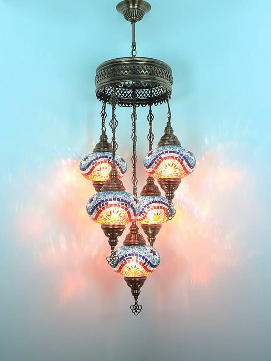 Turkse hanglamp mozaïek glas blauw multicolour - hanglamp 5 bollen - hoogte 110 cm - E-14 fitting