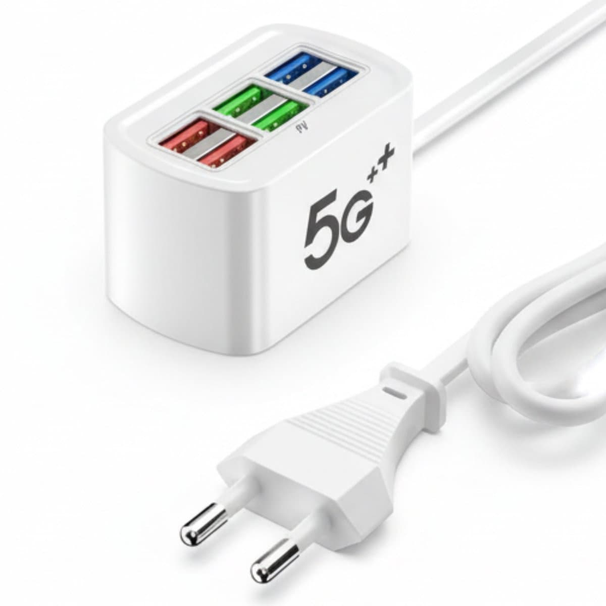 PureVolt USB Oplader met 6 Poorten – 30W Snellader & Adapter – Universele USB Stekker voor Telefoon, Tablet & Apparaten – Wit – Compact & Veilig Oplaadstation