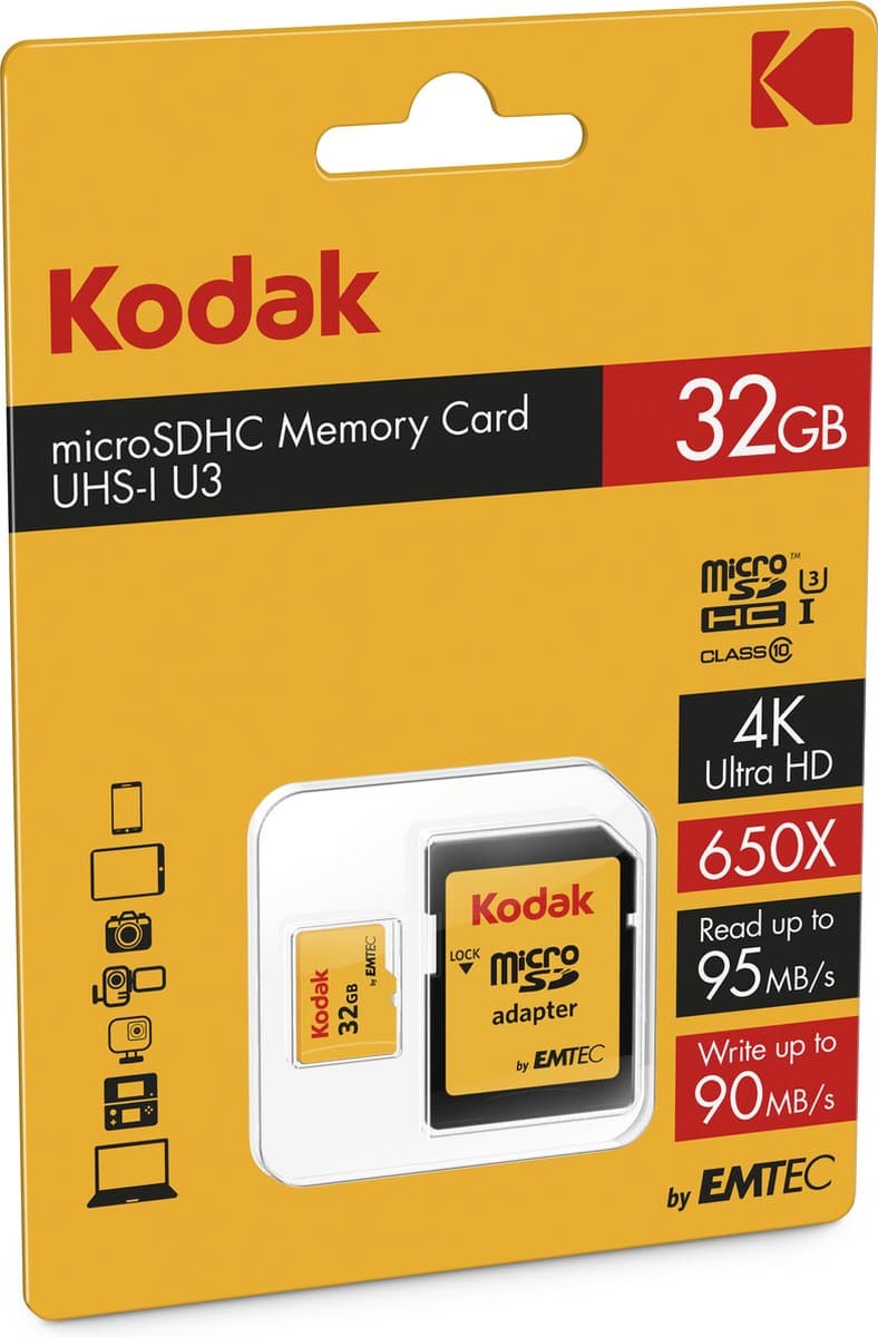 Kodak Ultra Performance 650X® 32GB microSD kaart - 4K Ultra HD - Adapter - UHS-I U3 - Class 10 - V30 A1 - micro SD geheugenkaart