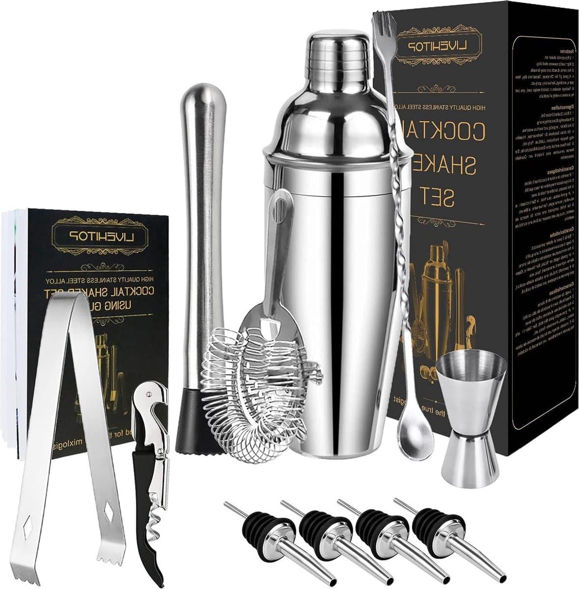 JK24 - Cocktailshaker - Cocktail shaker - Cocktailset - Cocktailshakerset - 12-delige Cocktailset - 750 ml Cocktailshaker - Professionele Barman-set - Bar Feest Thuis - LIVEHITOP - Kwaliteit - Duurzaamheid bar set