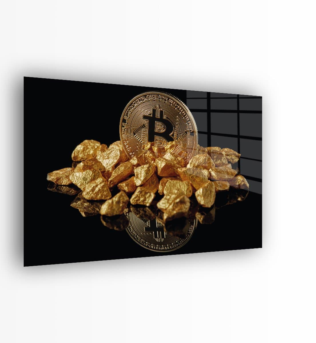 Indoorart - Glasschilderij Bitcoin Goud 120x80 CM - Afbeelding op plexiglas - Inclusief montagemateriaal