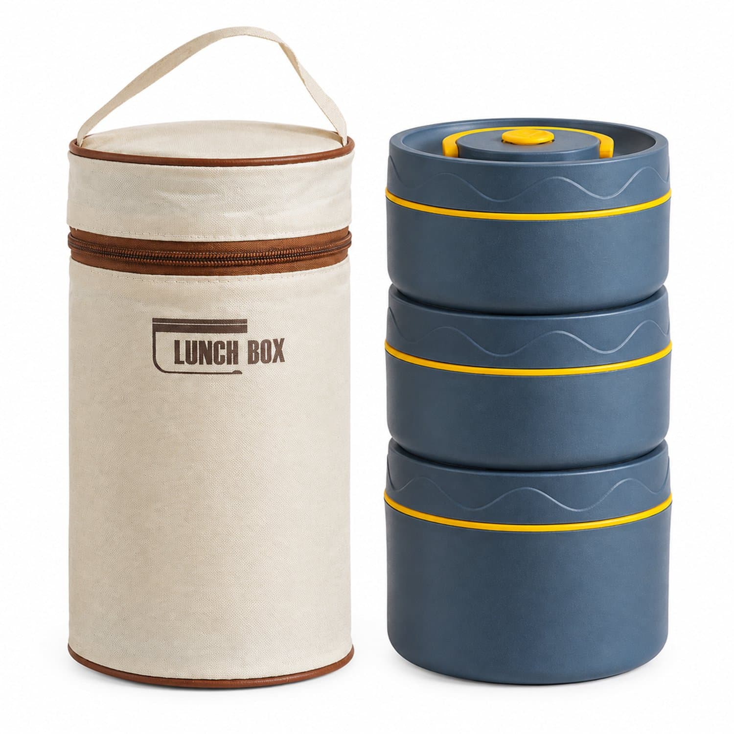Broodtrommelset in blauw met drie ronde bakjes 2 × 440 ml en 1 × 600 ml en een geïsoleerde draagtas