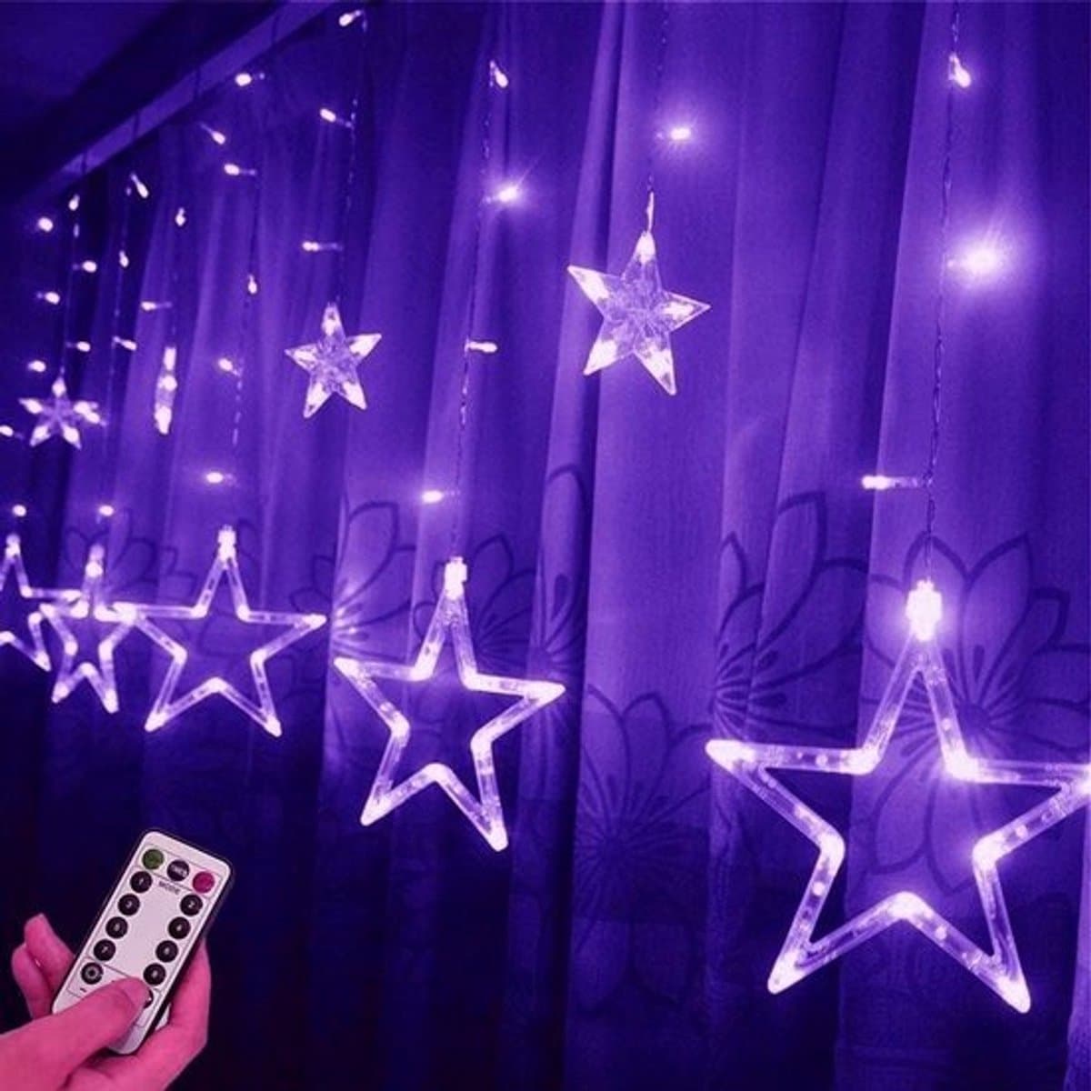 Sterrengordijn - Ledverlichting - Feestelijke decoratie - 12 sterrendecoraties - 2.5 x 0.9 meter - Paars