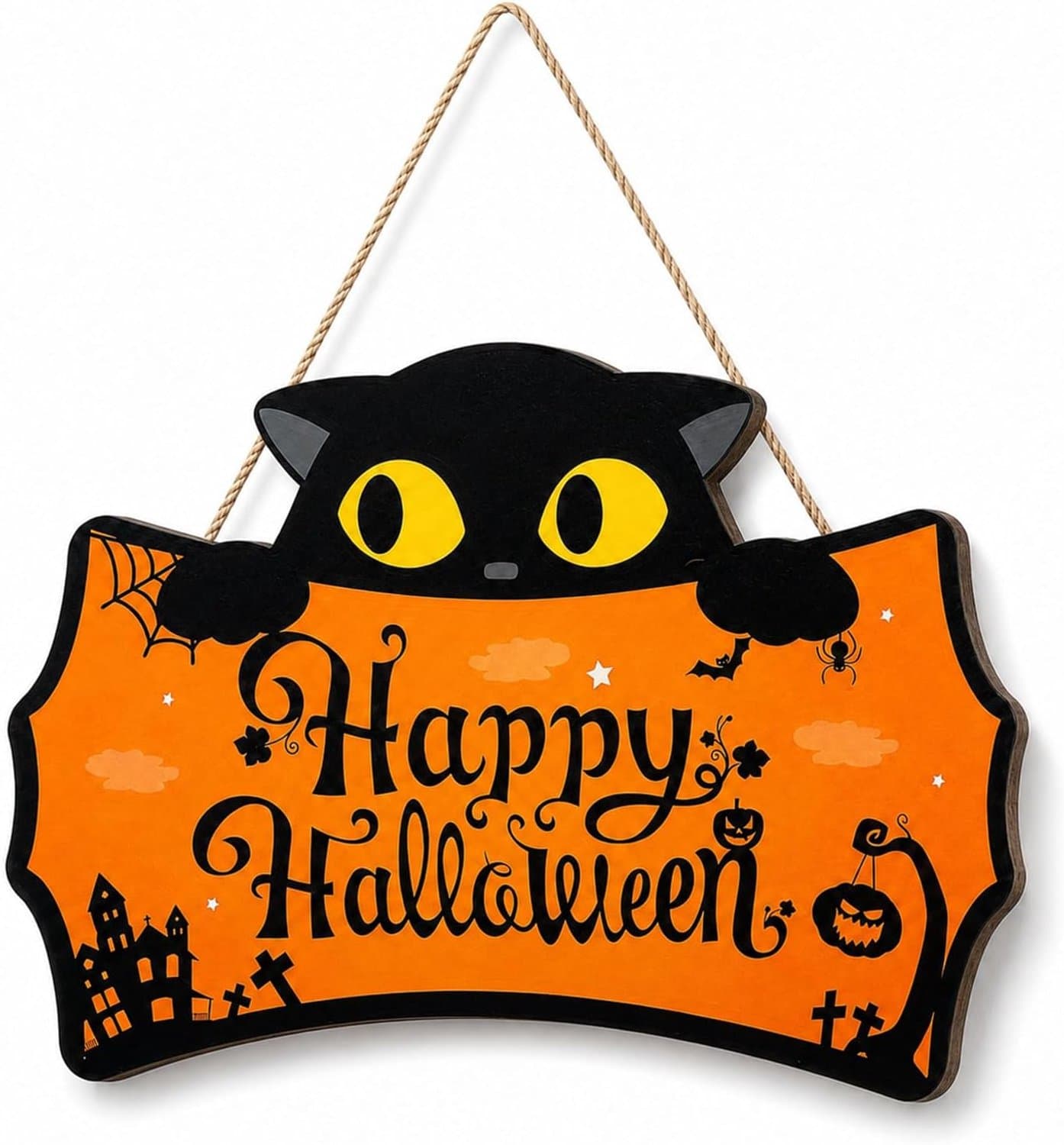 Halloween Deurdecoratie - Houten Deurhanger met Zwarte Kat en Pompoen -Spookachtige Sfeerverlichting & Feestartikelen - Herfst Decoratie voor Voordeur en Wand