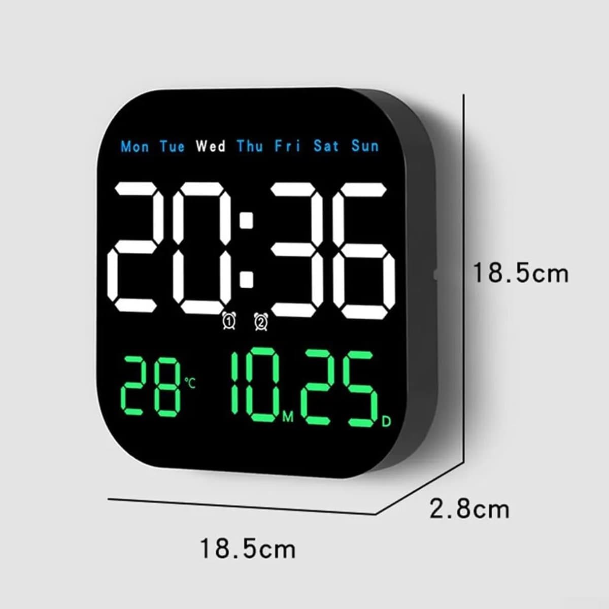 LED-wandklok Geschikt voor afstandsbediening, gelijktijdige weergave van temperatuur en datum, afteltimer, 10 dimstanden, kan worden opgehangen of neergezet.