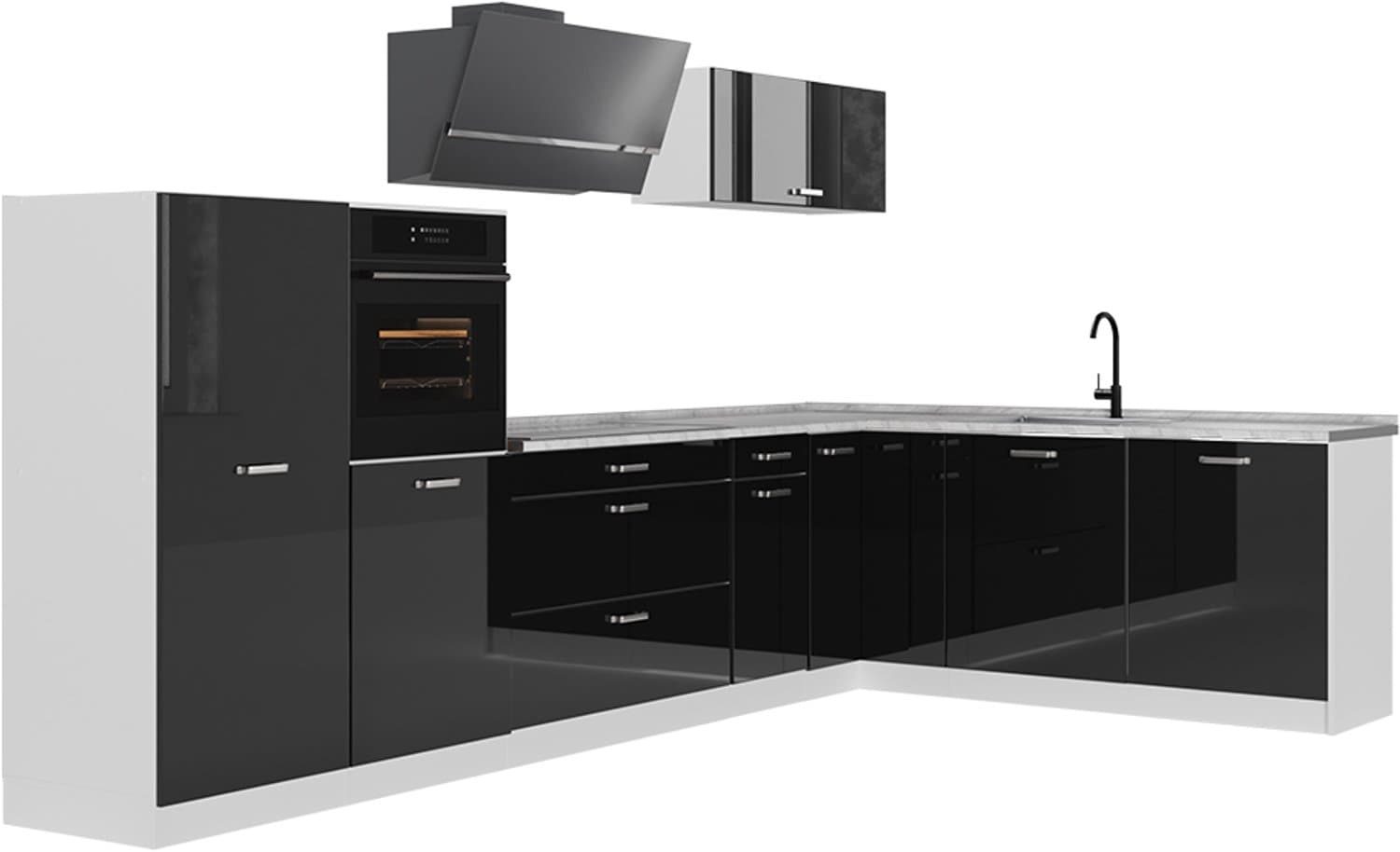Vicco Hoekkeuken R-Line, Zwart hoogglans/Wit, 347 x cm zonder werkblad