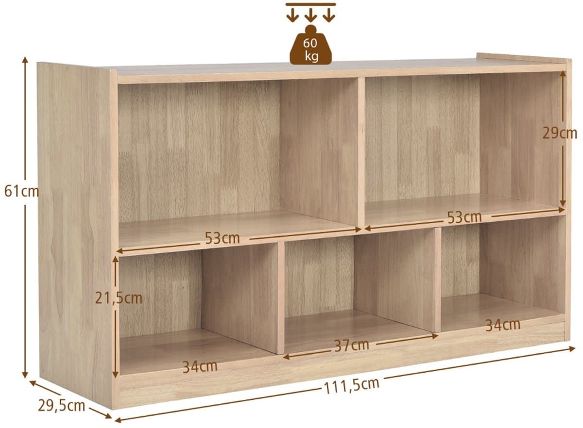 SureDeal® - Boekenkast - Kinderboekenkast - Speelgoed Opslag Kubussen - Compartimenten Grijs - Wit - Natuur - 111x30x61,5 cm - Naturel