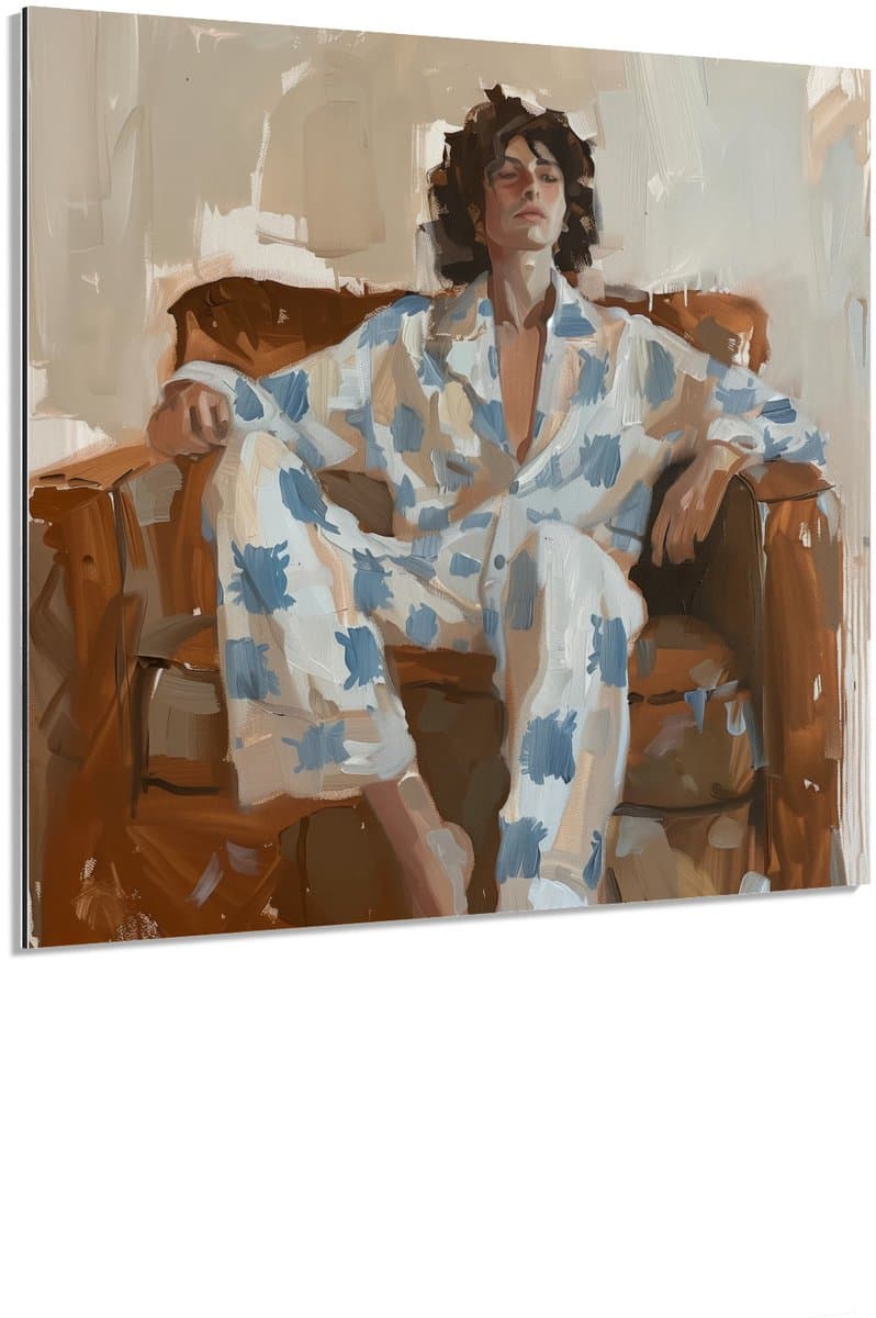 Relaxte persoon retro bruin - Schilderij 80x80 cm - Wanddecoratie op Aluminium Dibond - Aluminium Wandpaneel