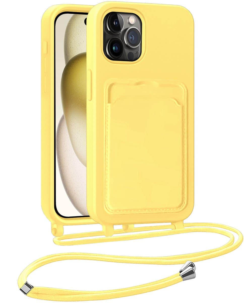 Hoesje Geschikt voor iPhone 15 Pro Max Telefoonhoesje Met Koord Case Pashouder Siliconen - Hoes Geschikt voor iPhone 15 Pro Max Hoesje Met Kaarthouder - Geel