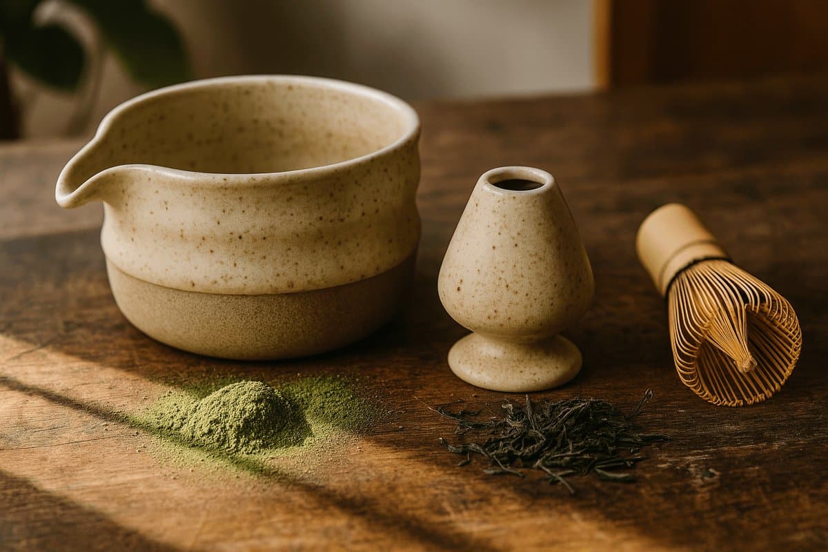 Matcha Set Tsuchi – Handgemaakte Matchakom & Houder voor de klopper – Keramiek – 500ml – Japans Design – Theeritueel – Chawan & Kusenaoshi – Zandkleurig