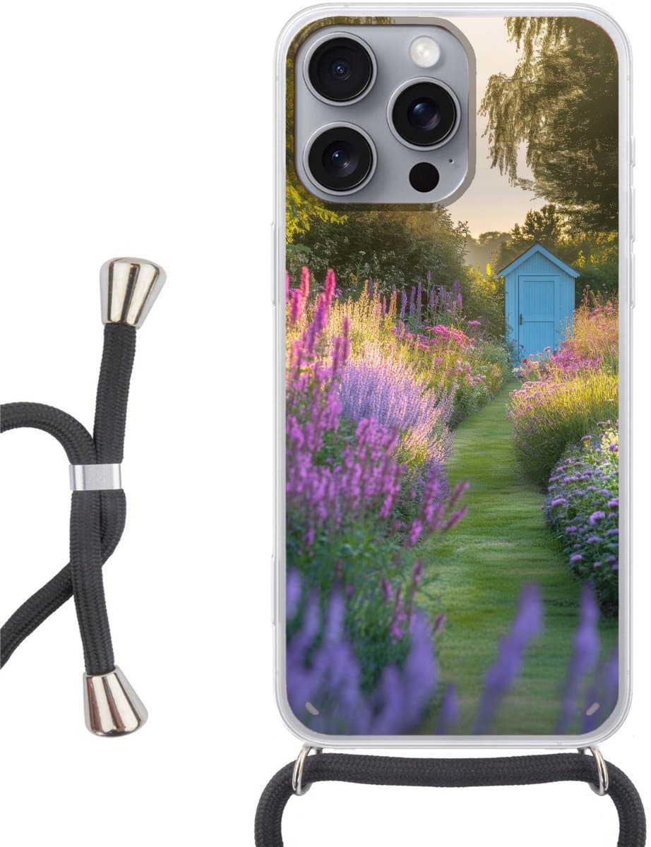 Telefoonhoesje Geschikt voor iPhone 16 Pro Max - Tuinhuisje - Blauw - Bloemen - Siliconen - Crossbody - Backcover met Koord - Telefoonhoesje met koord - Hoesje met touw Telefoonhoesje