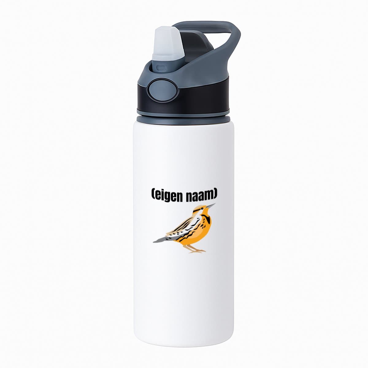Hacebo® - oranje mus met eigen naam waterfles met rietje zwart - Vogels - dieren liefhebber - iemand die houdt van mussen - verjaardag - cadeau - kado - geschenk - water fles - 650ML