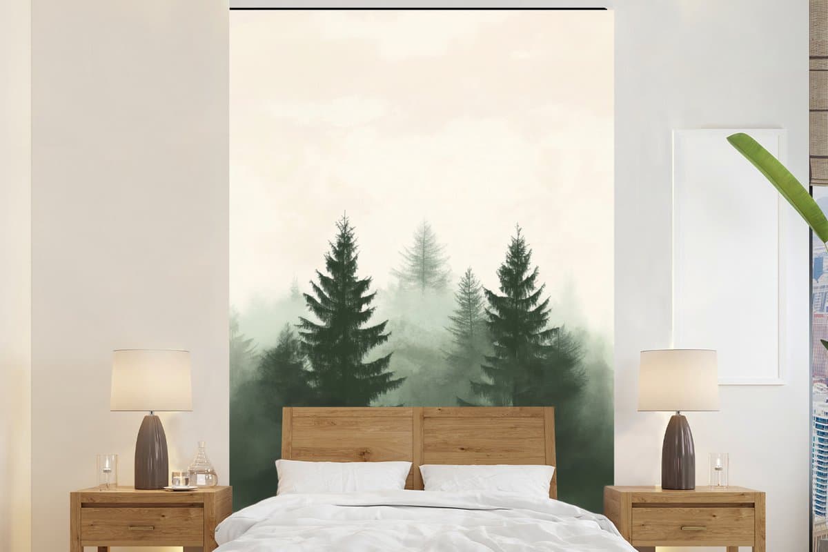 Behang - Fotobehang Sparren - Bomen - Groen - Beige - Breedte 155 cm x hoogte 240 cm