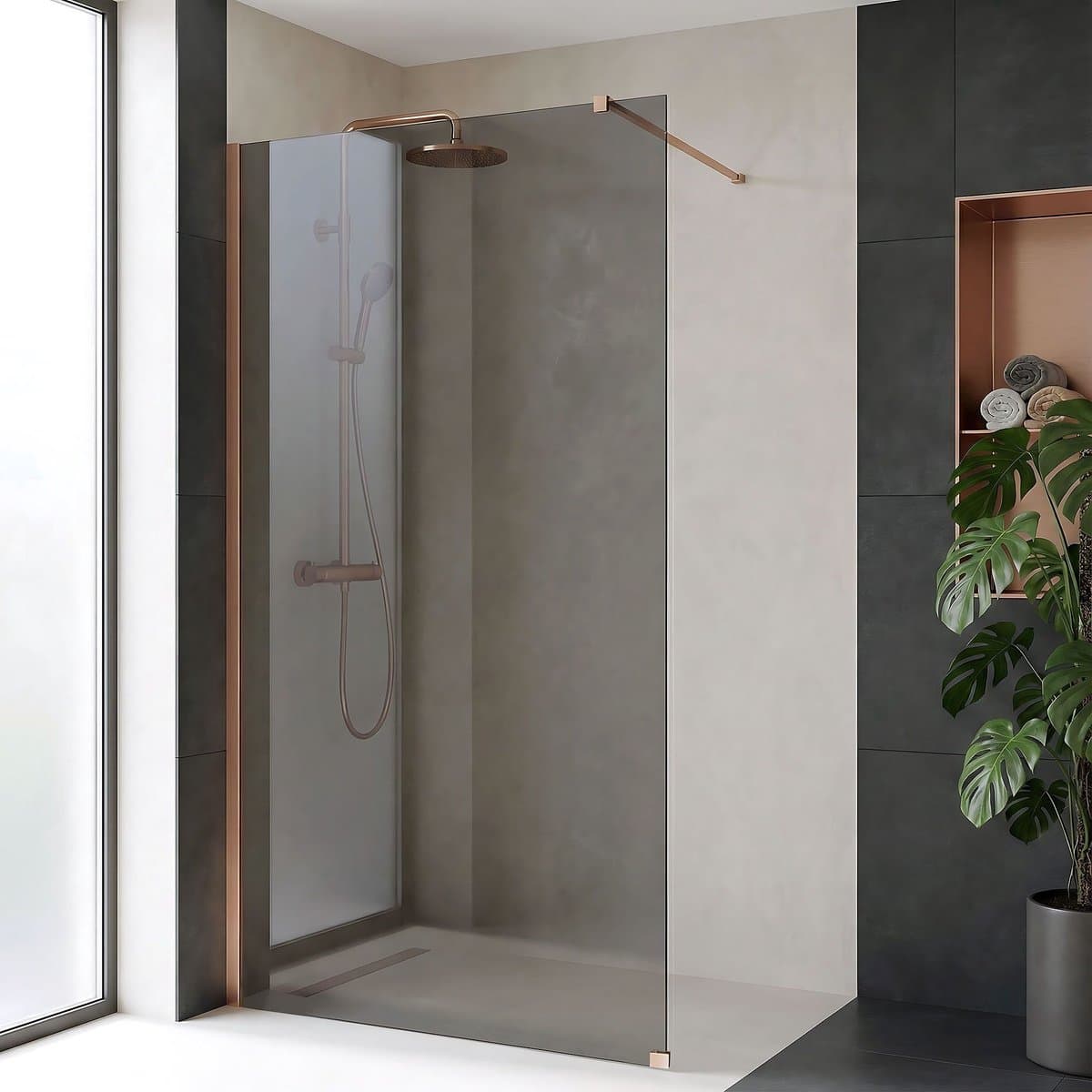 Rea Flexi Grey - Douchewand - Geborsteld Koper - 100 Gehard Glas 8 mm (Grijs) - 120X100X195cm