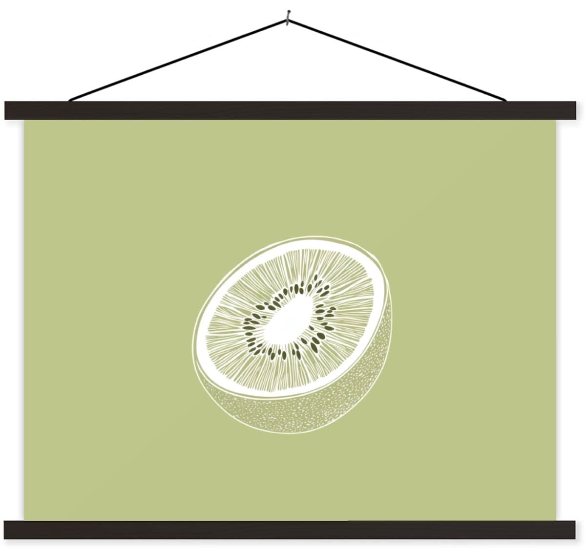 Posterhanger incl. Poster 120x90 cm - Schoolplaat - Kiwi - Lijntekening - Minimalistisch - Groen - Textielposter - Zwarte latten