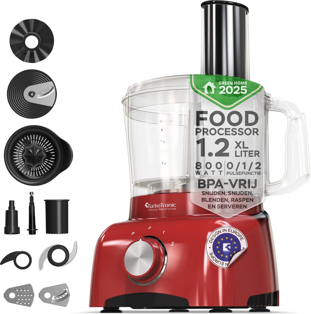 TurboTronic TT-FP800 Food Processor - 800W - 1.2 L - Rood