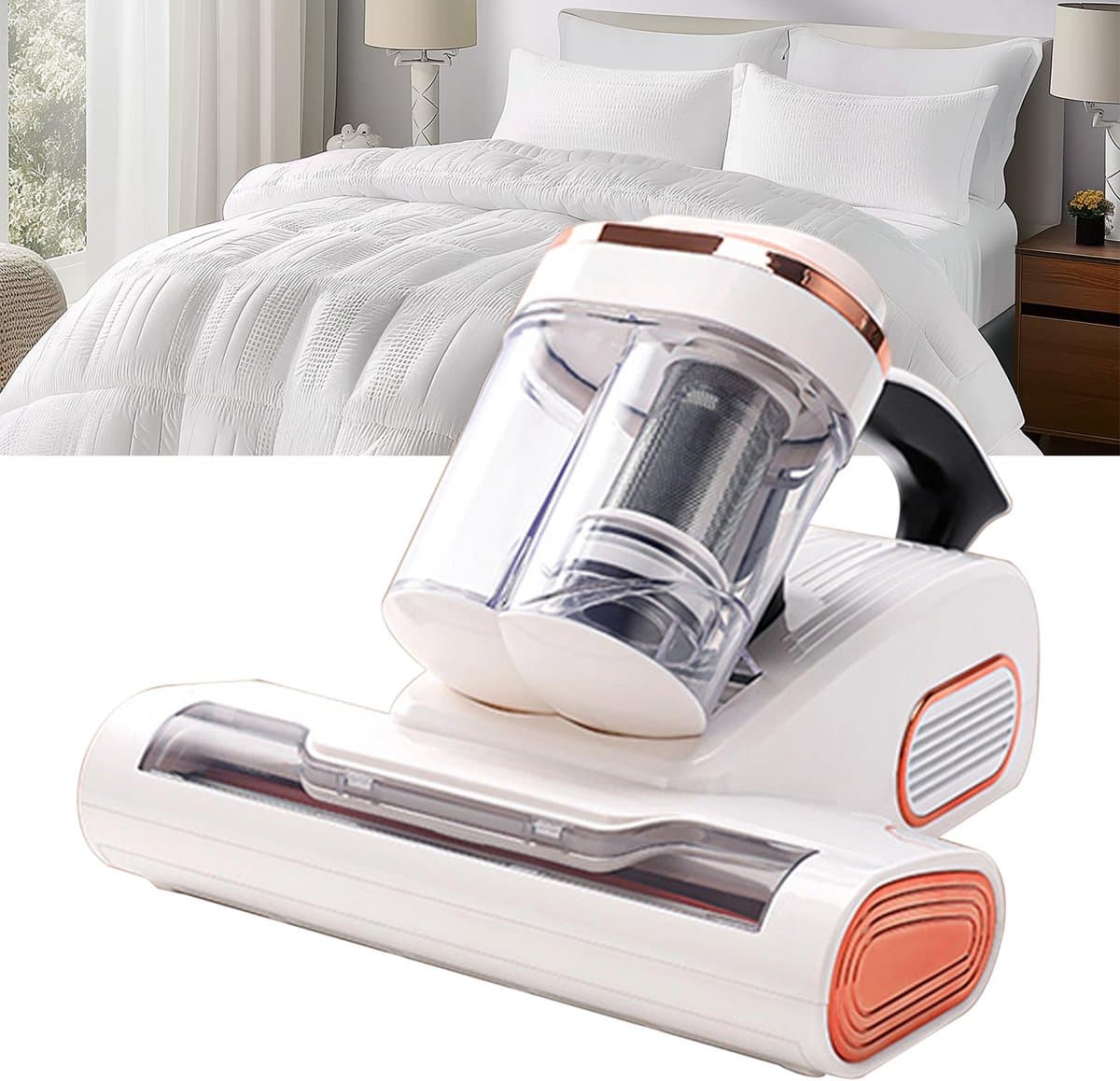 OKWISH Bed Stofzuiger - Anti-Mijt Apparaat - Kruimeldieven - Krachtige Zuigkracht - Matrasreiniger Draadloos - Wit