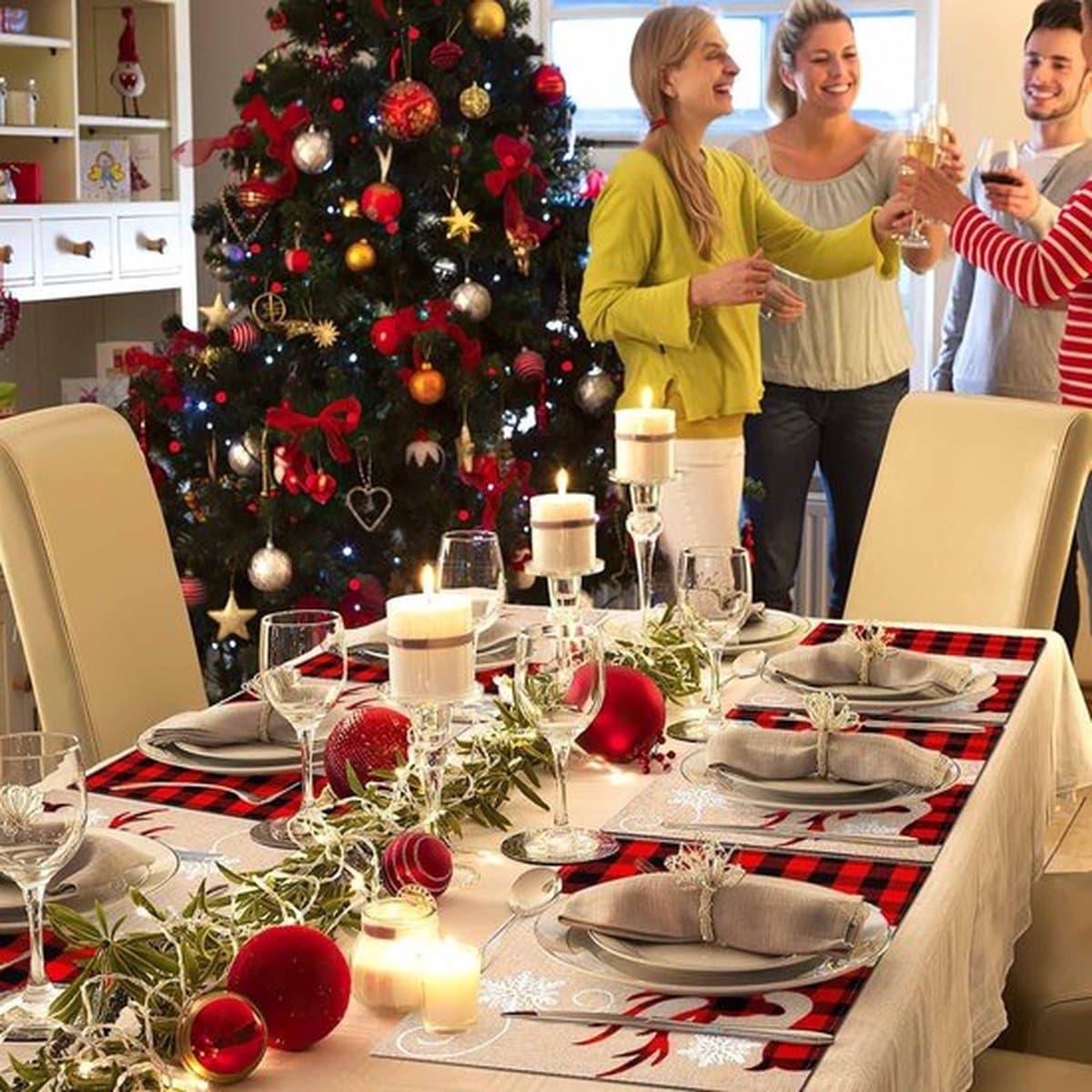 Set van 6 placemats voor Kerstmis, hittebestendig, hert placemats voor thuis, restaurant, eettafel, 45 x 33 cm