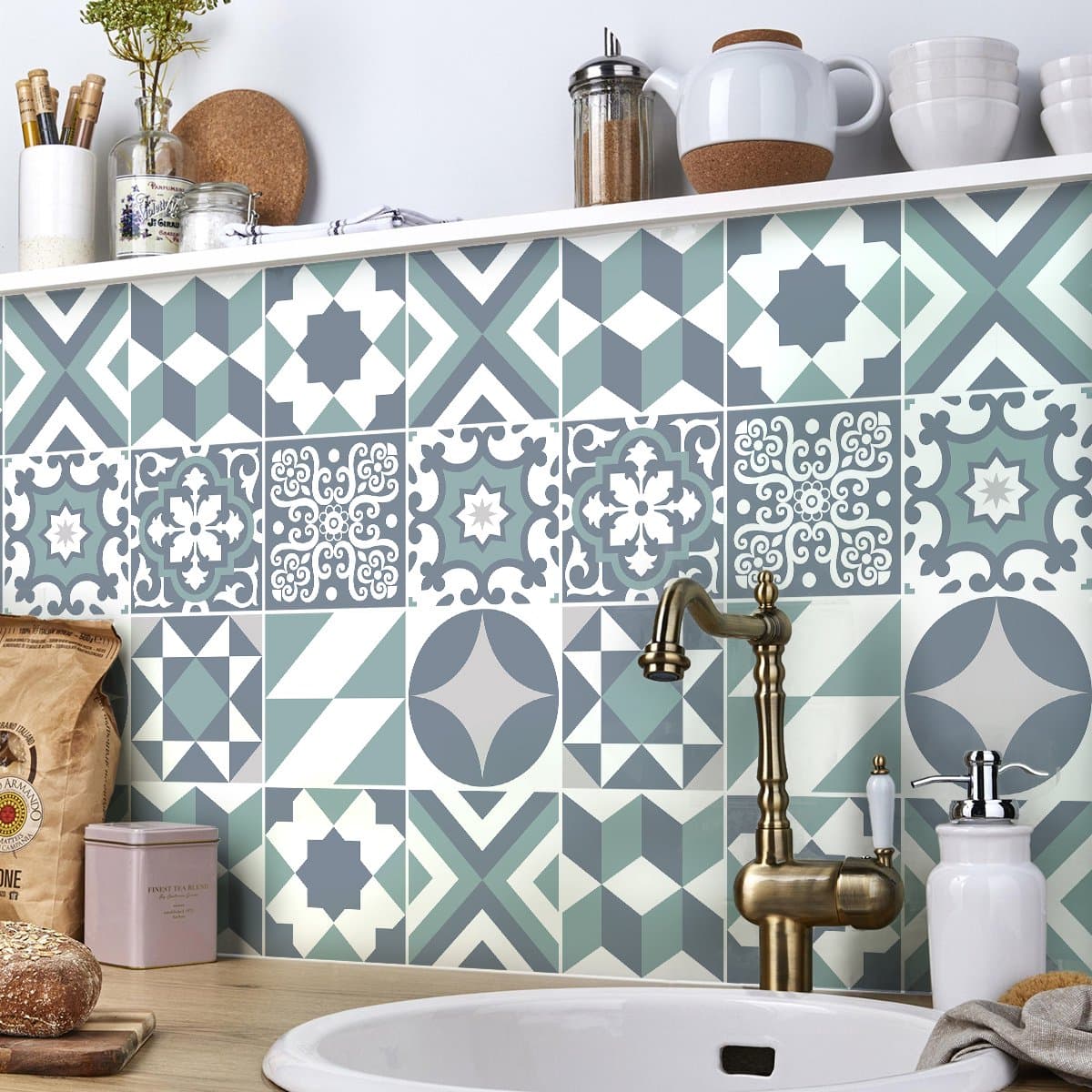 Zelfklevende tegelmuurstickers voor keuken en badkamer - 9 cementtegelstickers (Azulejos Aluzzo) - 9 stickers, 15x15cm