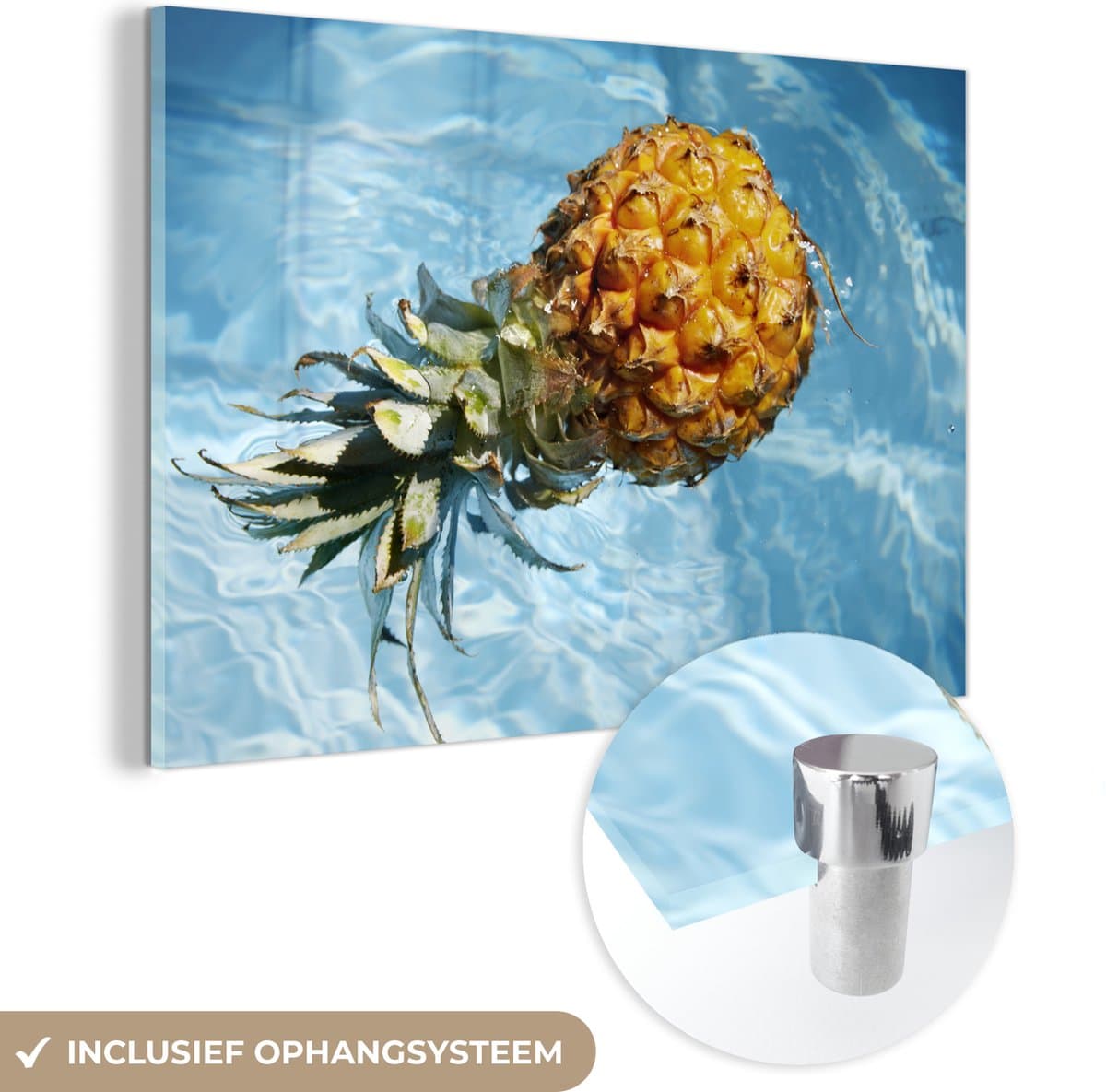 ® Glasschilderij 150x100 cm - Schilderij acrylglas - Ananas - Water - Zomer - Foto op glas - Muurdecoratie woonkamer - Wanddecoratie slaapkamer - Schilderijen