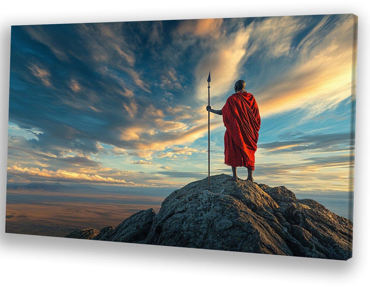 Maasai krijger op rotsen - Warrior canvaskunst - Kunstwerk personage - Realistische kunst - Muurdecoratie landelijk - Slaapkamer wanddecoratie - canvas 100x75 cm