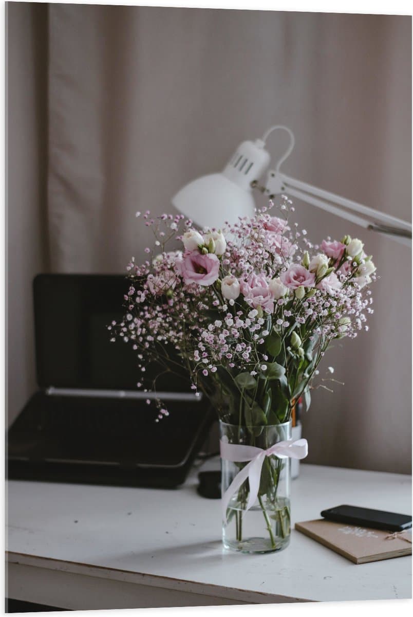 Acrylglas - Bloemen - Boeket - Water - Strik - Lamp - Telefoon - Bureau - Laptop - 70x105 cm Foto op Acrylglas (Met Ophangsysteem)