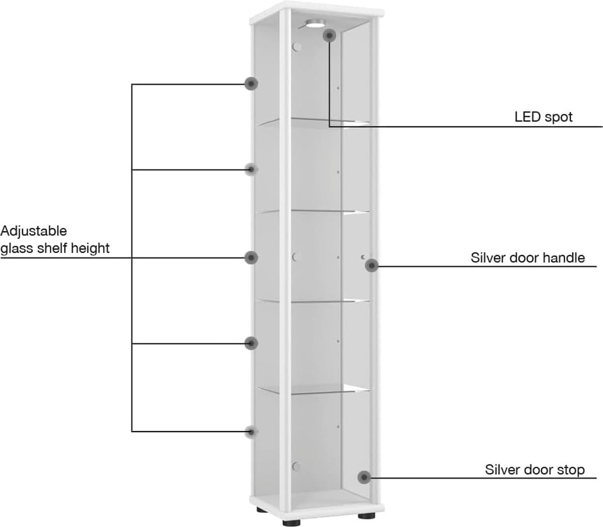 Glazen vitrinekast met LED verlichting en verstelbare leggers - 176x37x33 cm - Perfect voor verzamelaars en woonkamer