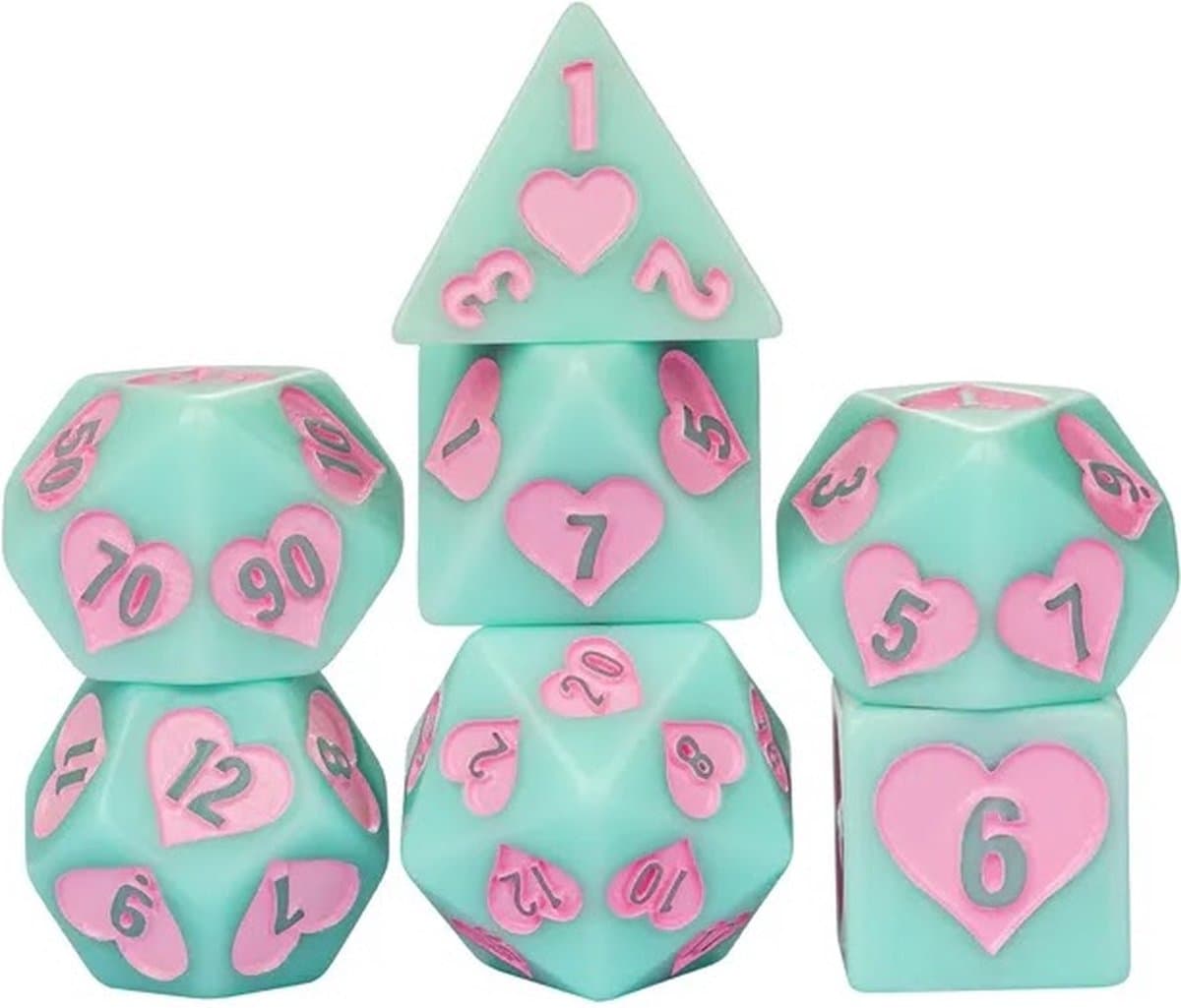 Lapi Toys - Dungeons and Dragons dobbelstenen - DnD Dice - Polydice - Dobbelstenen Dungeons Dragons - D&D dobbelstenen - DnD Dice Set - 1 set (7 stuks) - Met hartjes - Acryl - Groen - Roze