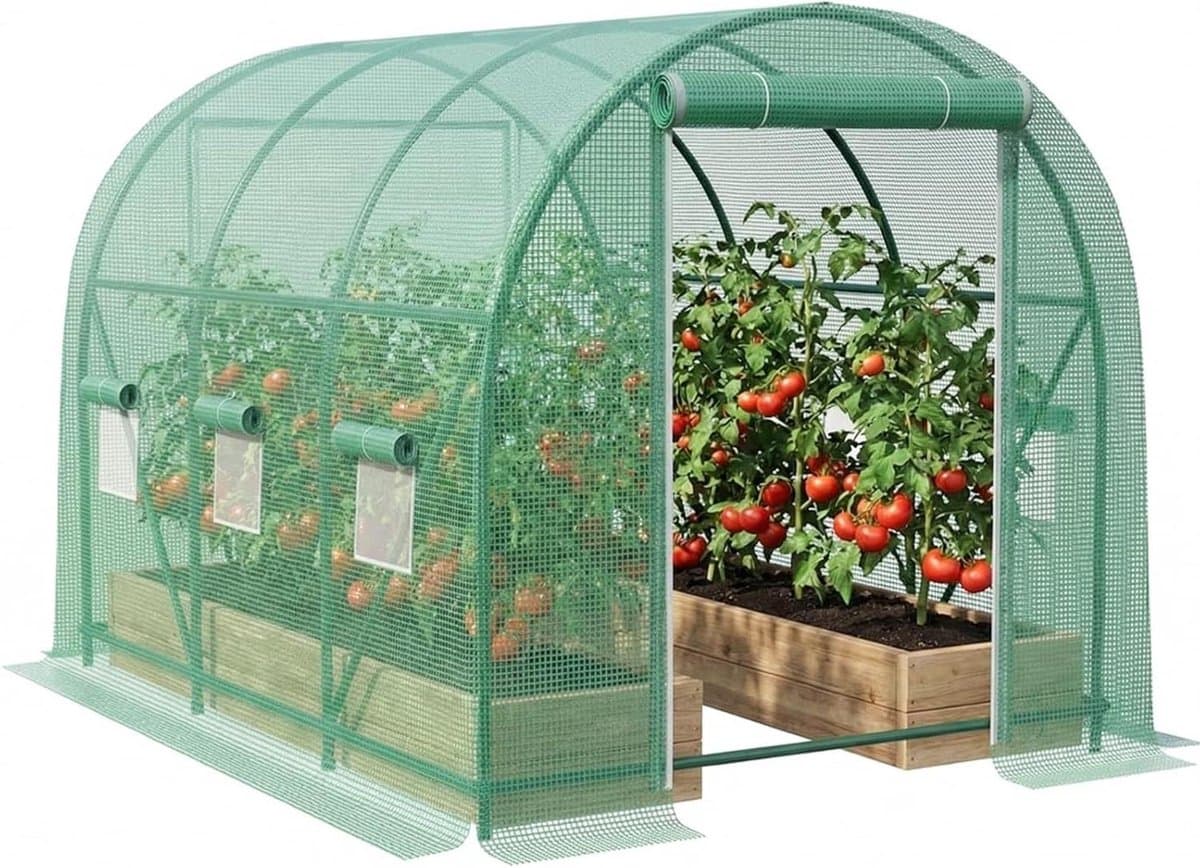 10 × 7 × 7 FT Serres voor Buiten Heavy Duty, Grote Gang in Groene Huizen voor Buiten met 6 Geventileerde Netwerkvensters & Roll-up Deur & Versterkte Gegalvaniseerd Frame