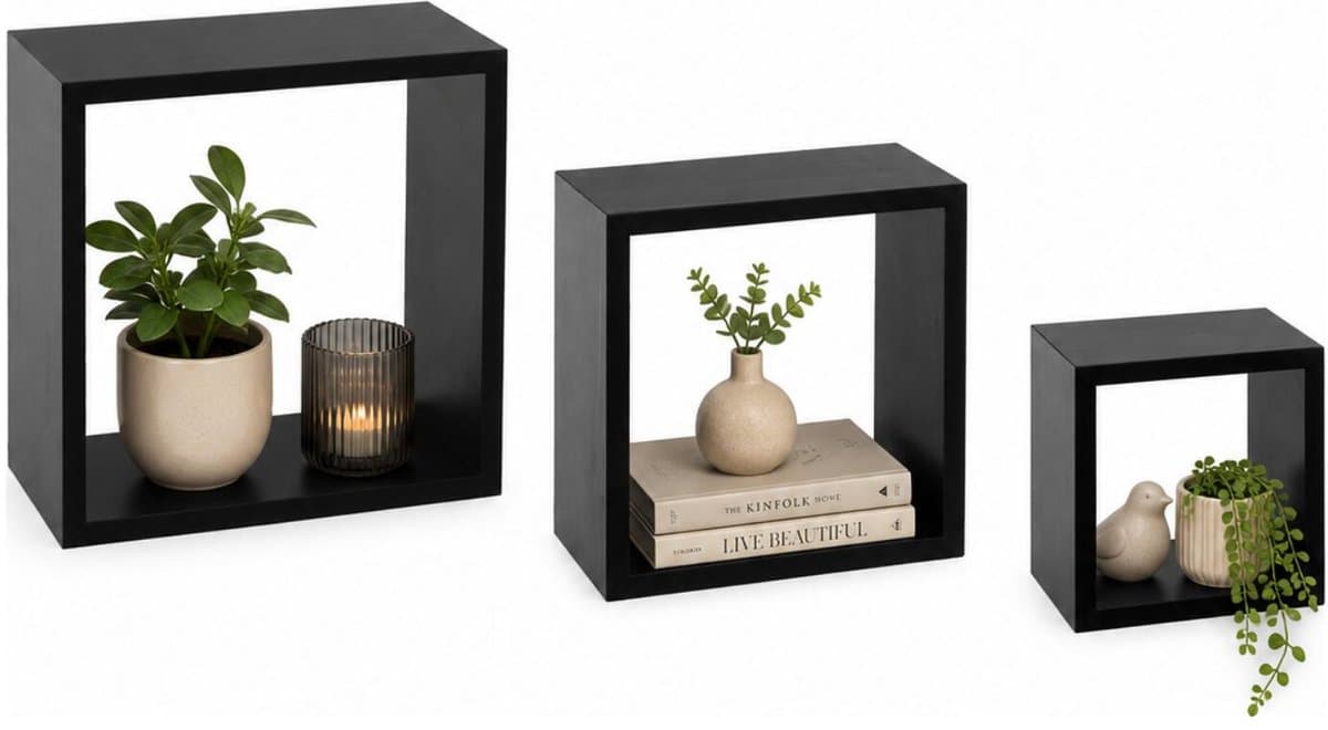 5five Wandplank Cube Set - Zwart, 3 stuks (25 x 25 x 9 cm, 20 x 20 x 9 cm, 15 x 15 x 9 cm)