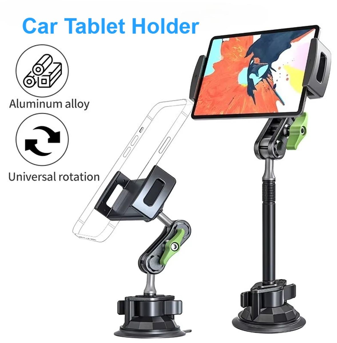 Aluminium Legering Dubbele Balhoofdstang - 360° Rotatie - Verstelbare Stand - Met Zuignap Bevestiging - Geschikt Voor 4-12,9 Inch Tablets En Mobiele Telefoons