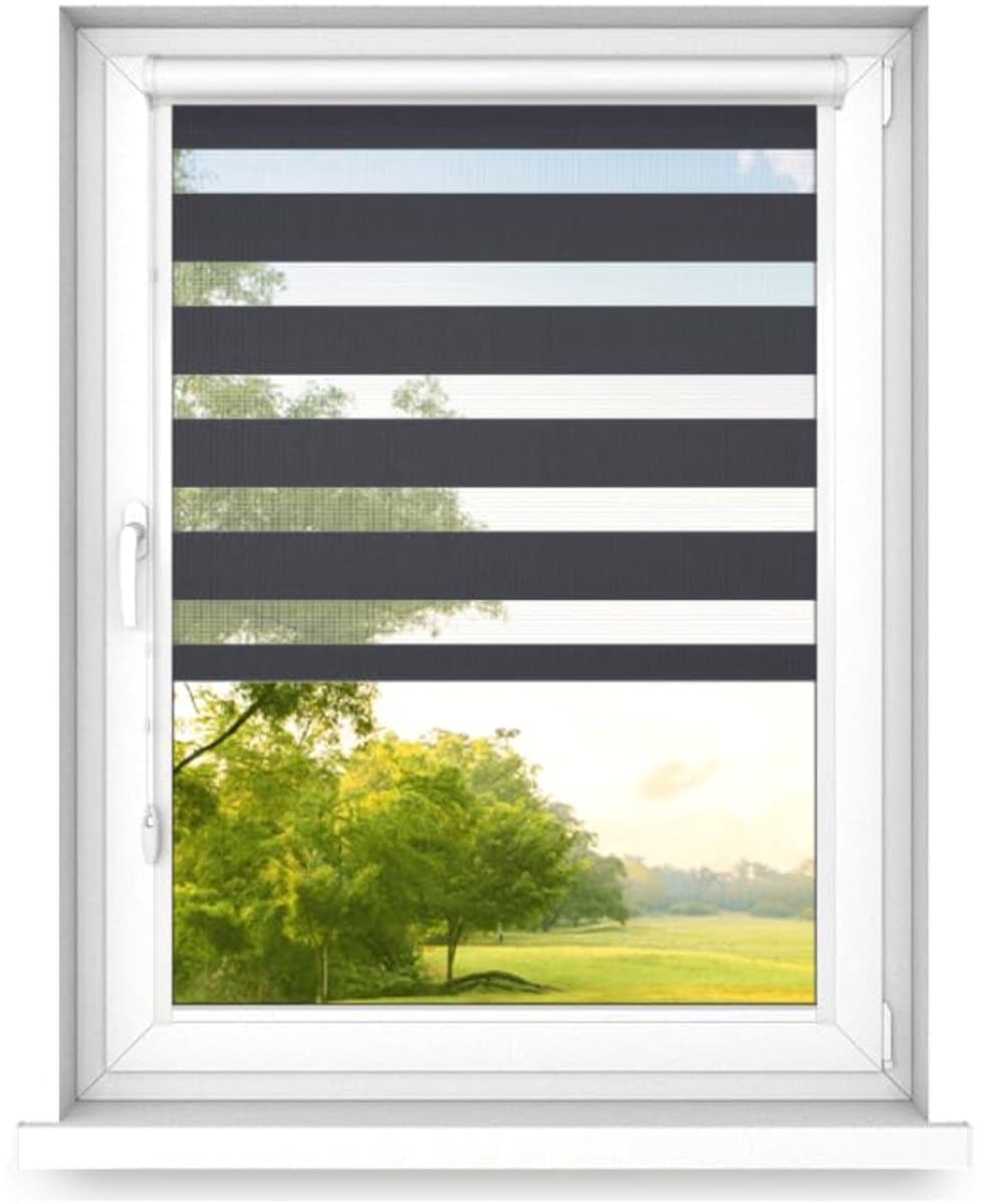 time4blinds - Dubbele Rolgordijnen Zonder Boren - Zebra-Rolgordijnen voor Ramen en Deuren - om te Plakken, met Aluminium Cassette, Lichtdoorlatende Stof - Antraciet, 1100x700, Rechts
