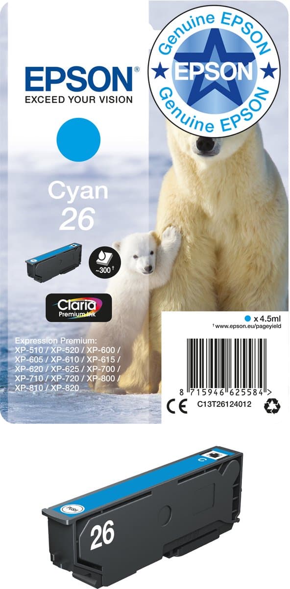 Epson Polar bear Singlepack Cyan 26 Claria Premium Ink