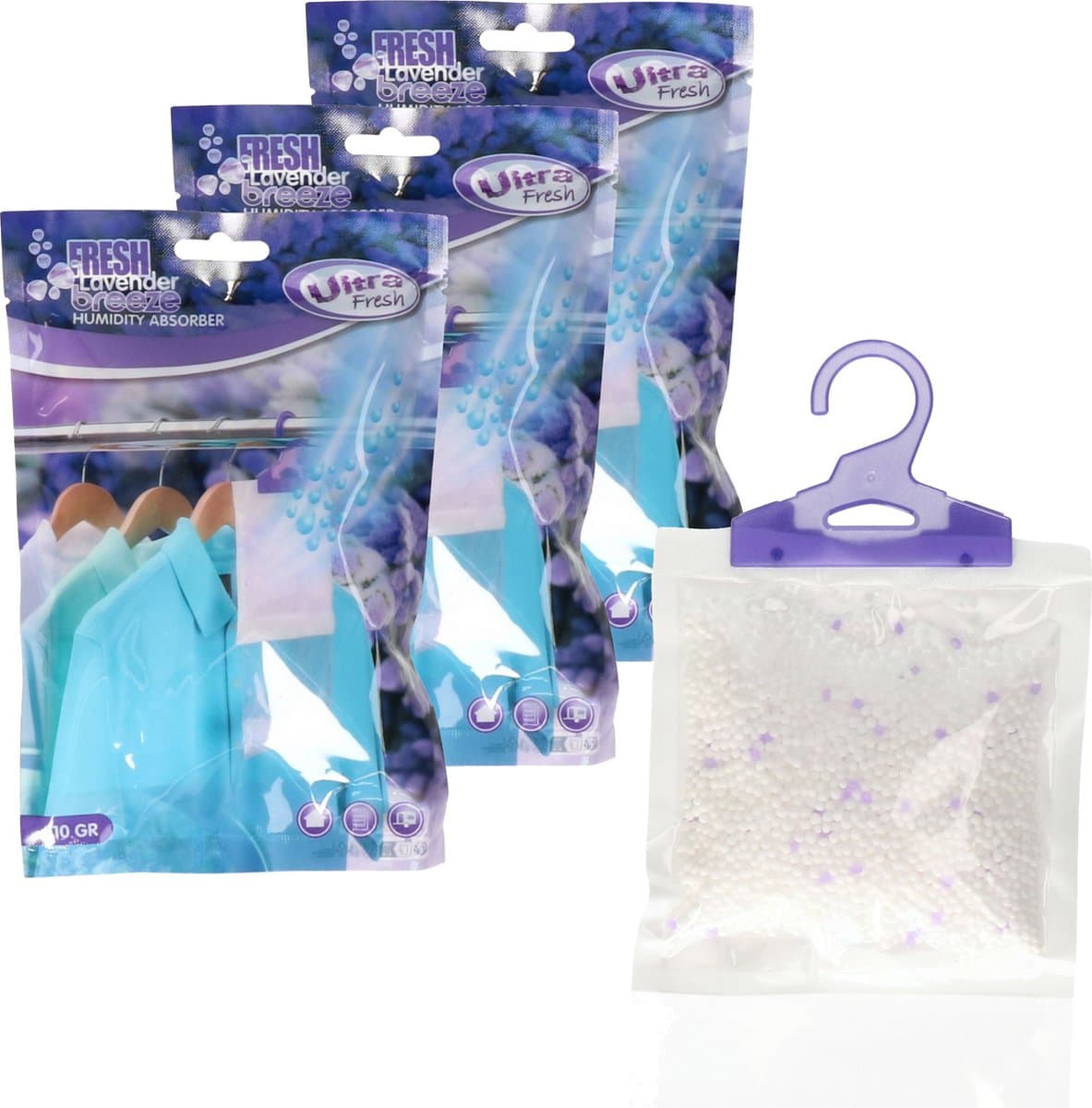 Ultra Fresh Vochtopnemer met geur - 3x - lavendel - vochtonttrekker - tegen schimmel en geur - 210 gram